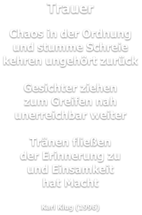 Trauer  Chaos in der Ordnung und stumme Schreie kehren ungehört zurück  Gesichter ziehen zum Greifen nah unerreichbar weiter  Tränen fließen der Erinnerung zu und Einsamkeit hat Macht  Karl Klug (1996)