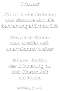 Trauer  Chaos in der Ordnung und stumme Schreie kehren ungehört zurück  Gesichter ziehen zum Greifen nah unerreichbar weiter  Tränen fließen der Erinnerung zu und Einsamkeit hat Macht  Karl Klug (1996)